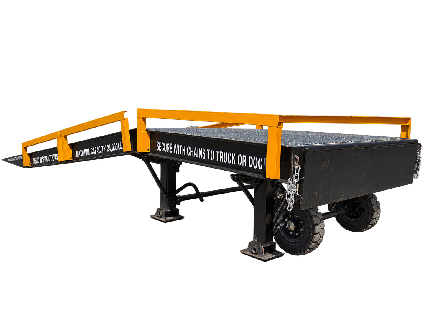 Yard ramp with grated platform and yellow guardrails